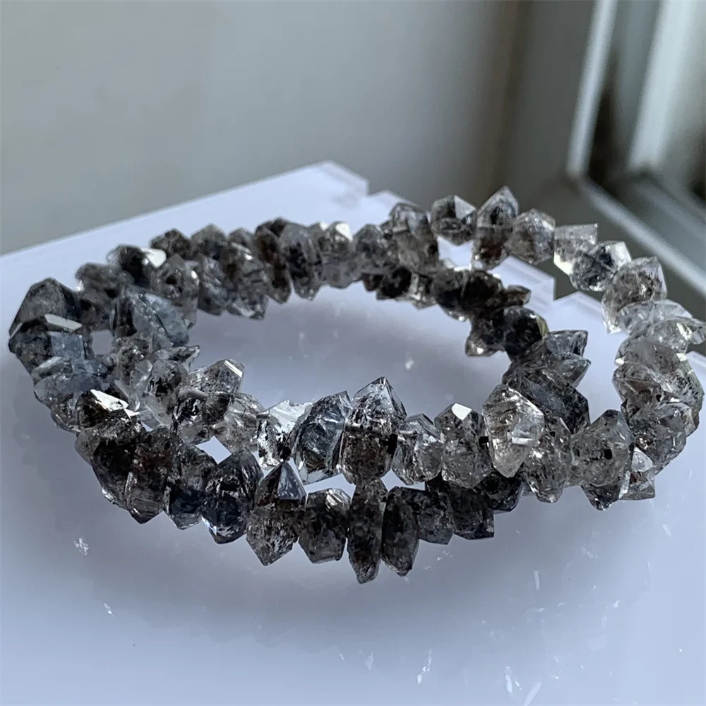 

Natural Herkimer Diamond Bracelets Men Women Petroleum Quartz Beads Real Blue Fluorescence Under UV-A Light Herkimer-style Tooth