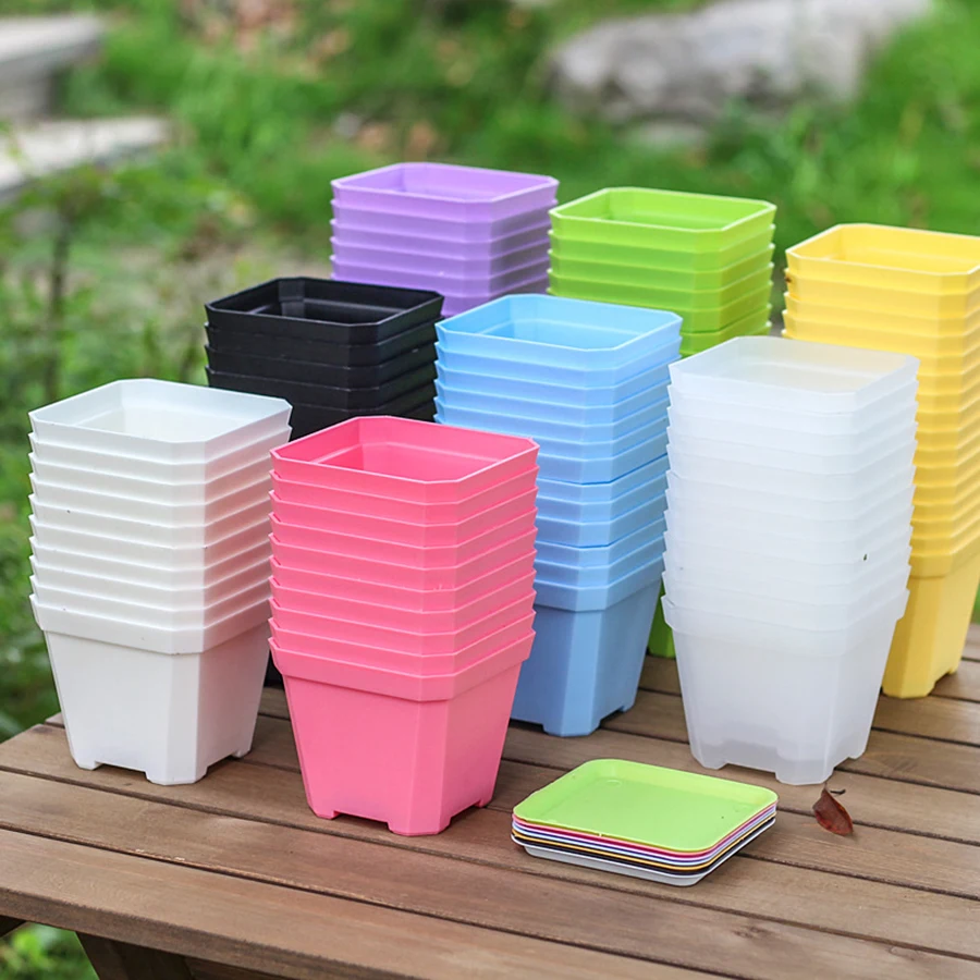 10pcs 7x7cm Plastic Square Flower Pot with Cover Garden Balcony Office Desktop Flower Pot Plant Growing Container