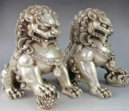 A Pair Chinese Antique Silver Guardian Lion Foo Fu Dog Door guard Statue