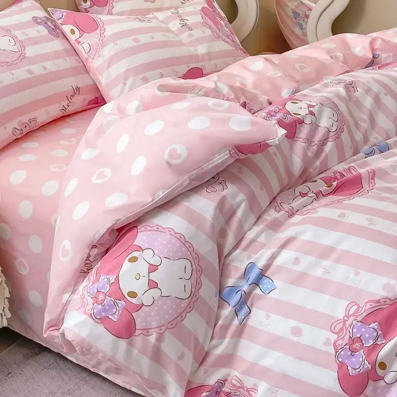 Sanrio Cinnamoroll Kuromi HelloKitty Melody Cotton Three-piece Cartoon Cute Quilt Cover Pillowcase Sheets Four-piece Bedding Set