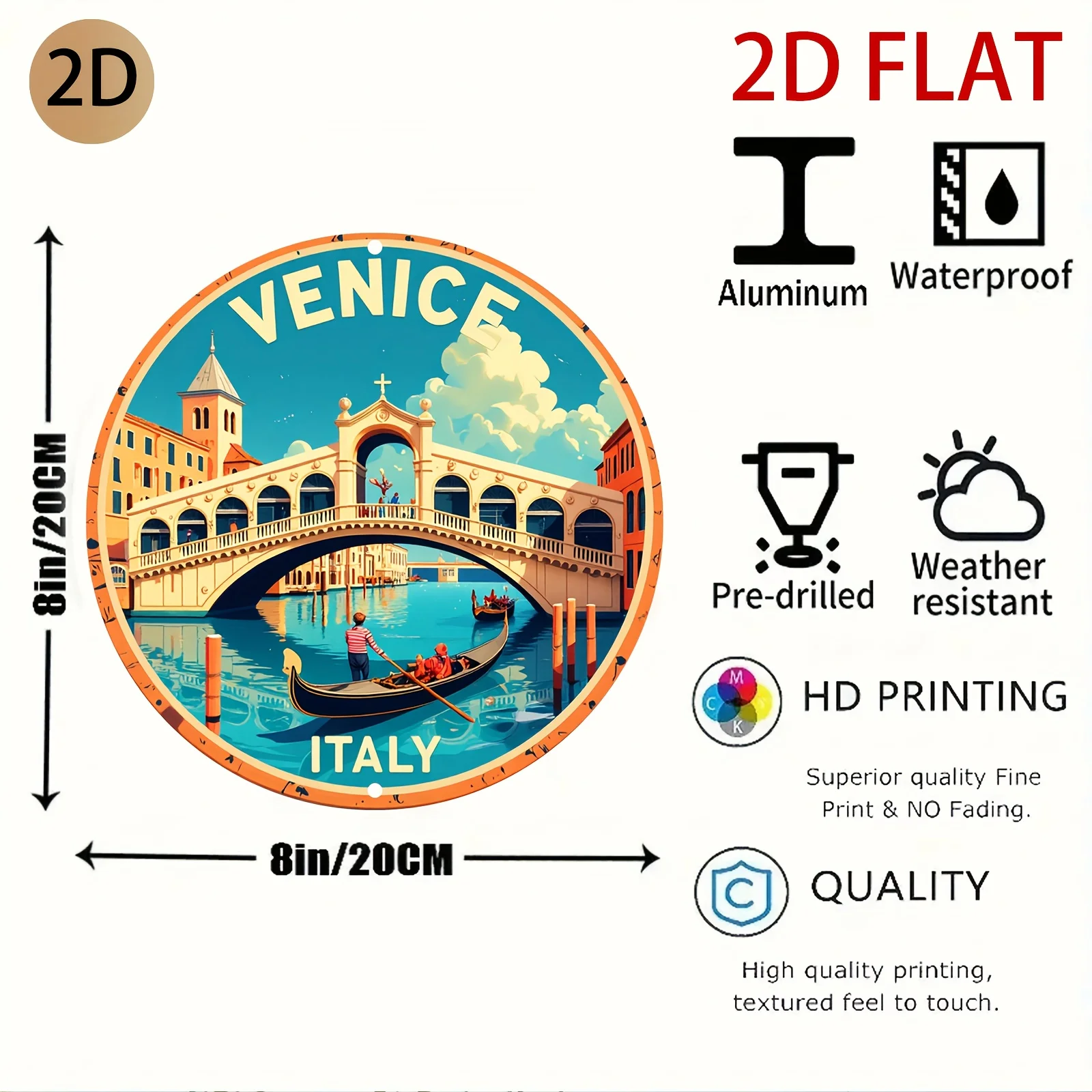 2D Flat, Vintage Italian Travel Poster Metal Wall Art - Venetian Bridge & Gondolas in Venice, Aluminum Retro Italian Landmark De