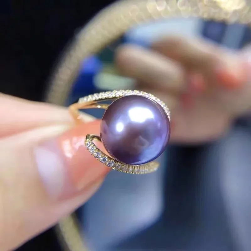 Charming 12mm Genuine Purple Lavender Perfect Round Pearl Ring Adjustable Size Women Jewelry Wedding Gift 925 Sterling Silver