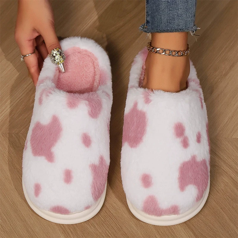 Nette Kuh Flecken Baumwolle Hausschuhe für Frauen Runde Kappe Dicke Sohle Plüsch Hausschuhe Frau Weiche Faux Pelz Warme Schuhe Slides Weibliche Winter – Detail 7