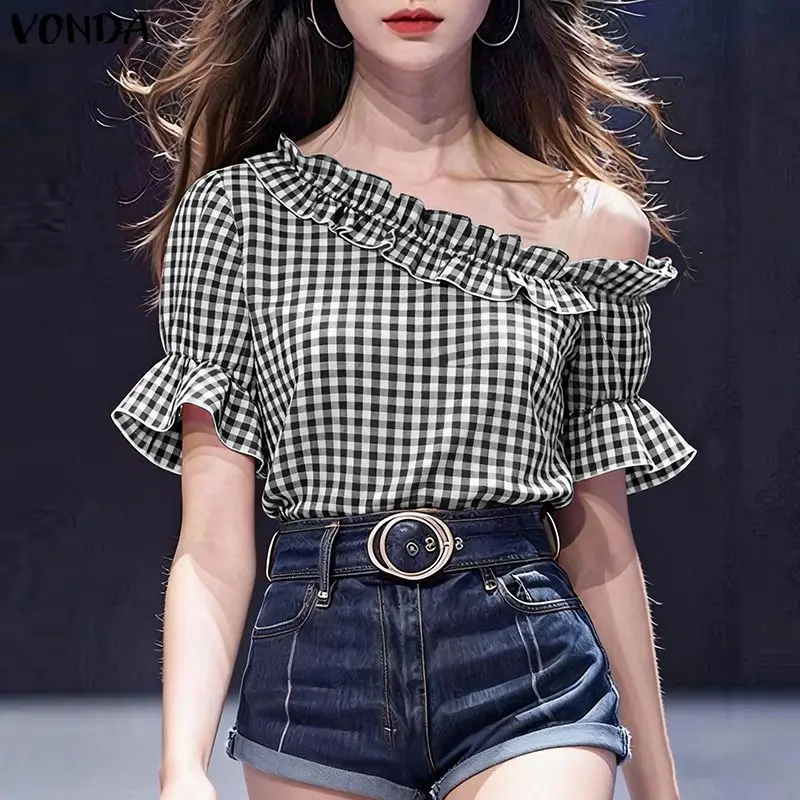 

ZANZEA элегантная клетчатая блузка, летние топы с короткими рукавами, модные повседневные свободные офисные женские рубашки с косым воротником, сексуальные Blusas Femininas