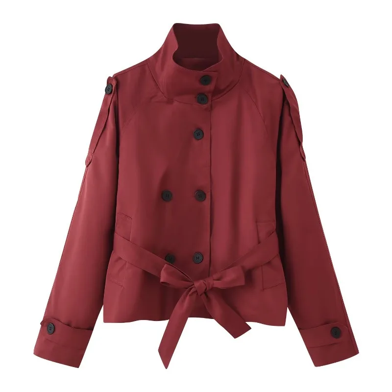 Cross-border European and American Women's Clothing Popular Fashion and Leisure Double-breasted Lace-up Trench Coat Short Jacket