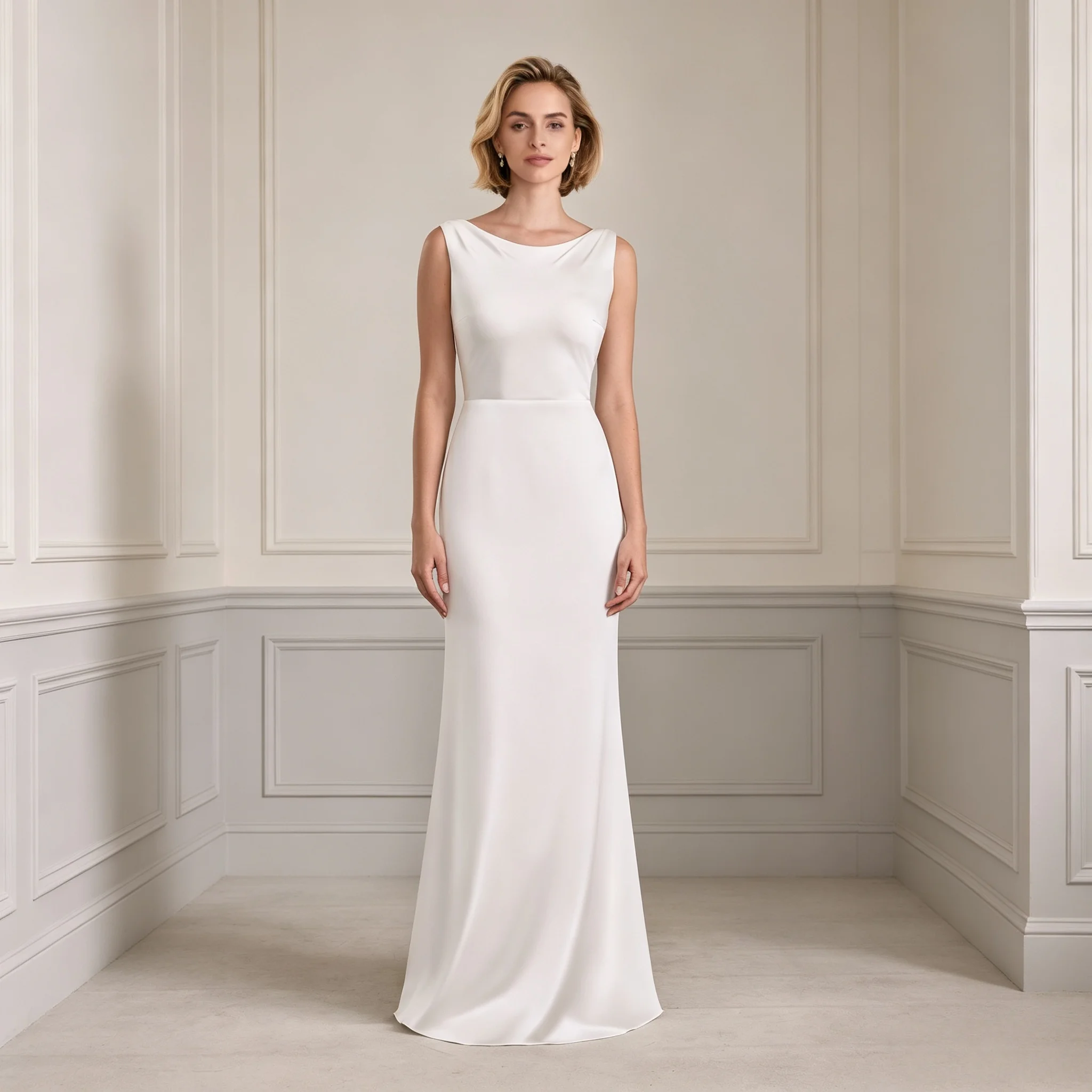 Boat Neck Satin Mermaid Wedding Dress Cowl Back Pearl Button Chapel Train Bridal Gown Civil WeddingGarden Wedding Customizable