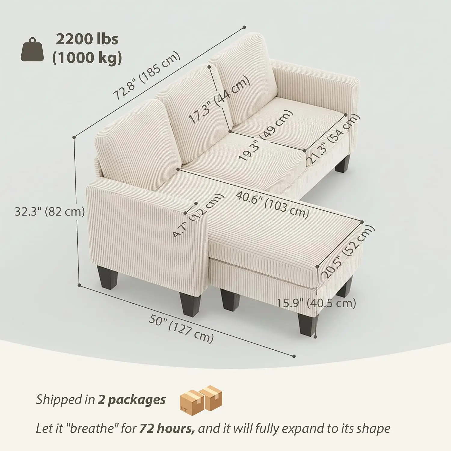 L-Shaped Sectional Sofa with Reversible Chaise & Ottoman, Soft Corduroy, Small 3 Seater for Living Room Apartment, 2200lb, Custo
