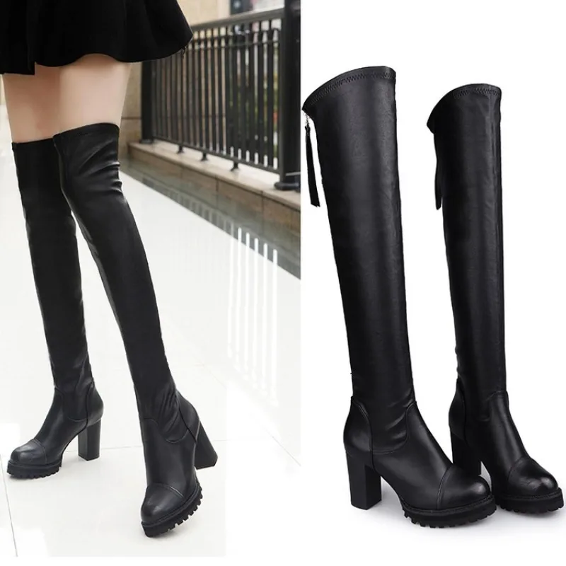 Shoes for Women Leather Thick High Heel Footwear Elastic Winter Knee High Ladies Boots Long Platform 2024 Black Botas Femininas