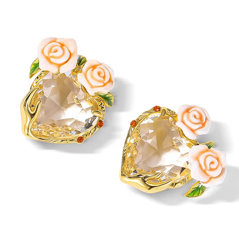 Handcrafted Enamel Champagne Rose Stud Earrings Sterling Silver Posts Gemstone Earrings Women's Pearl Fringe Style Wedding Jewel