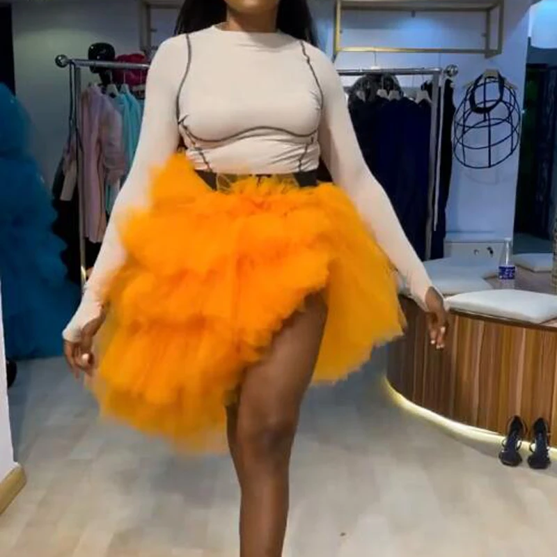 Special Orange Color Asymmetrical Tulle Skirts 2022 Elastic Waistband Sexy Ruffles Tiered Tulle Skirt Women Tutu Bottom