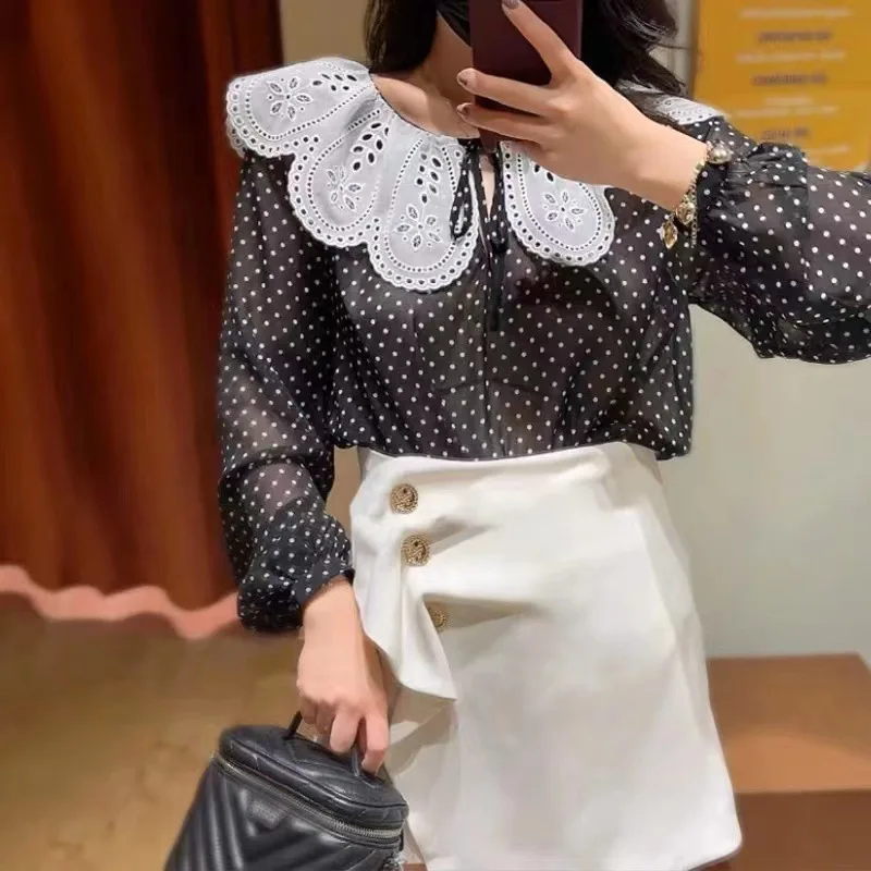 

Shirt for Women 2024 New Spring Summer Embroidery Lace Peter Pan Collar Loose Sweet Long Sleeve Blouse