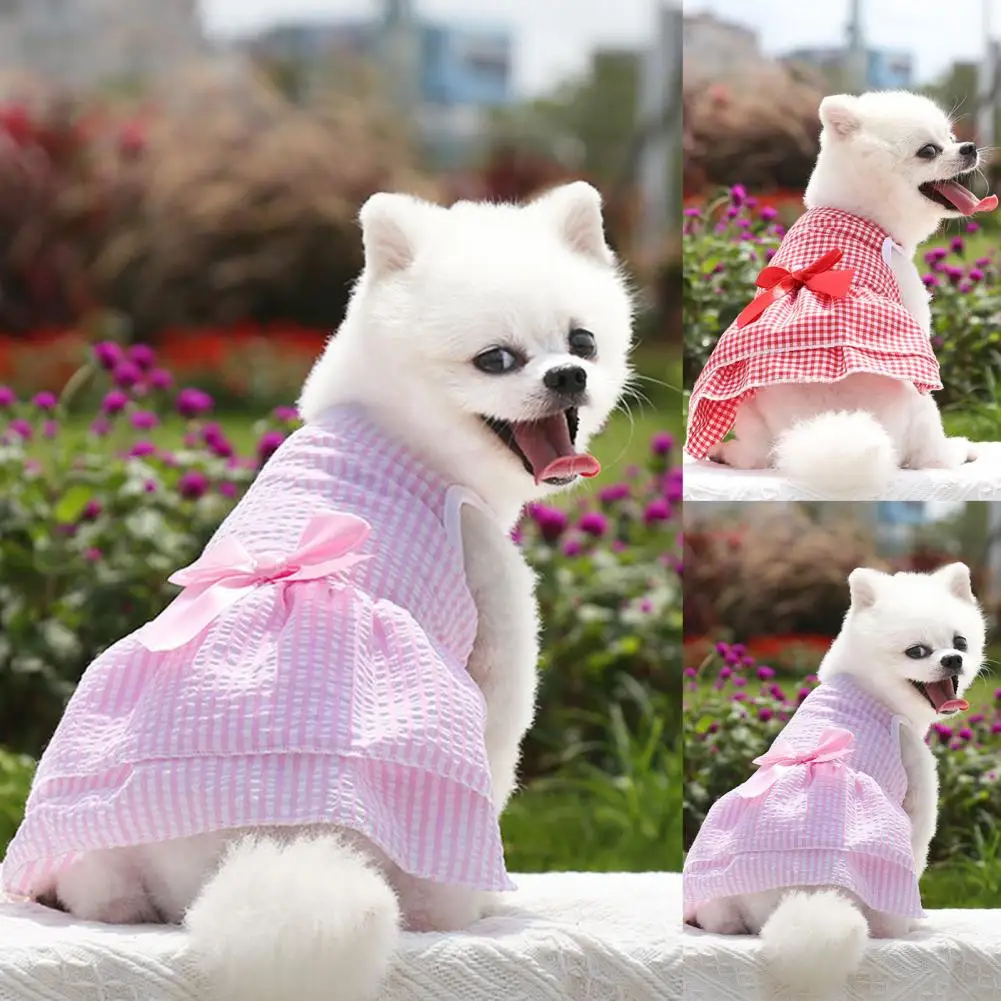 Soft Dog Princess Dress Plaid Printing Breathable Photography Prop Summer Beautiful Pet Princess Dress