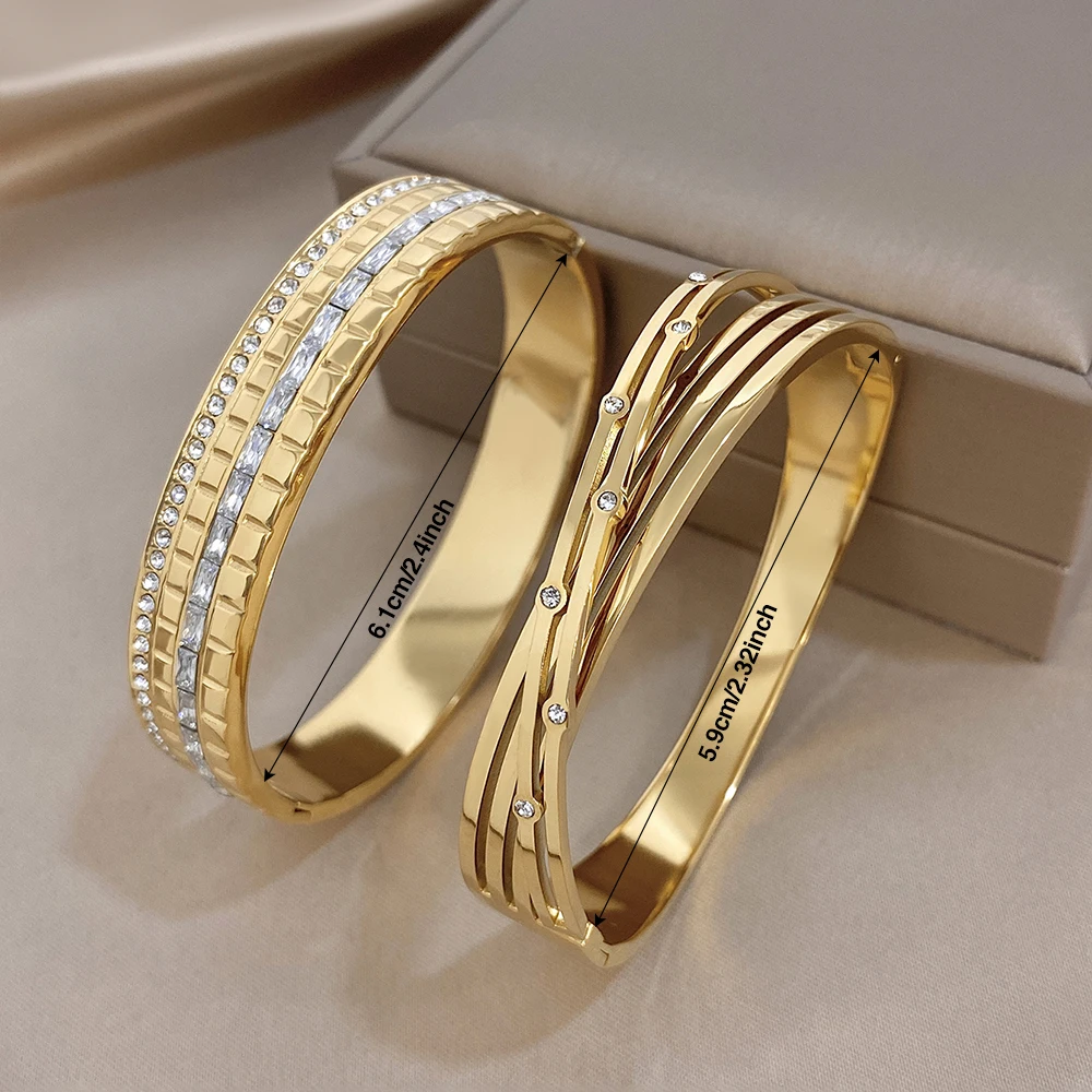 Luxury Multi‑Layer Twist Zircon Bangle Set Jewelry for Women Gold Plated Stainless Steel Waterproof Stackable Bracelet Gift