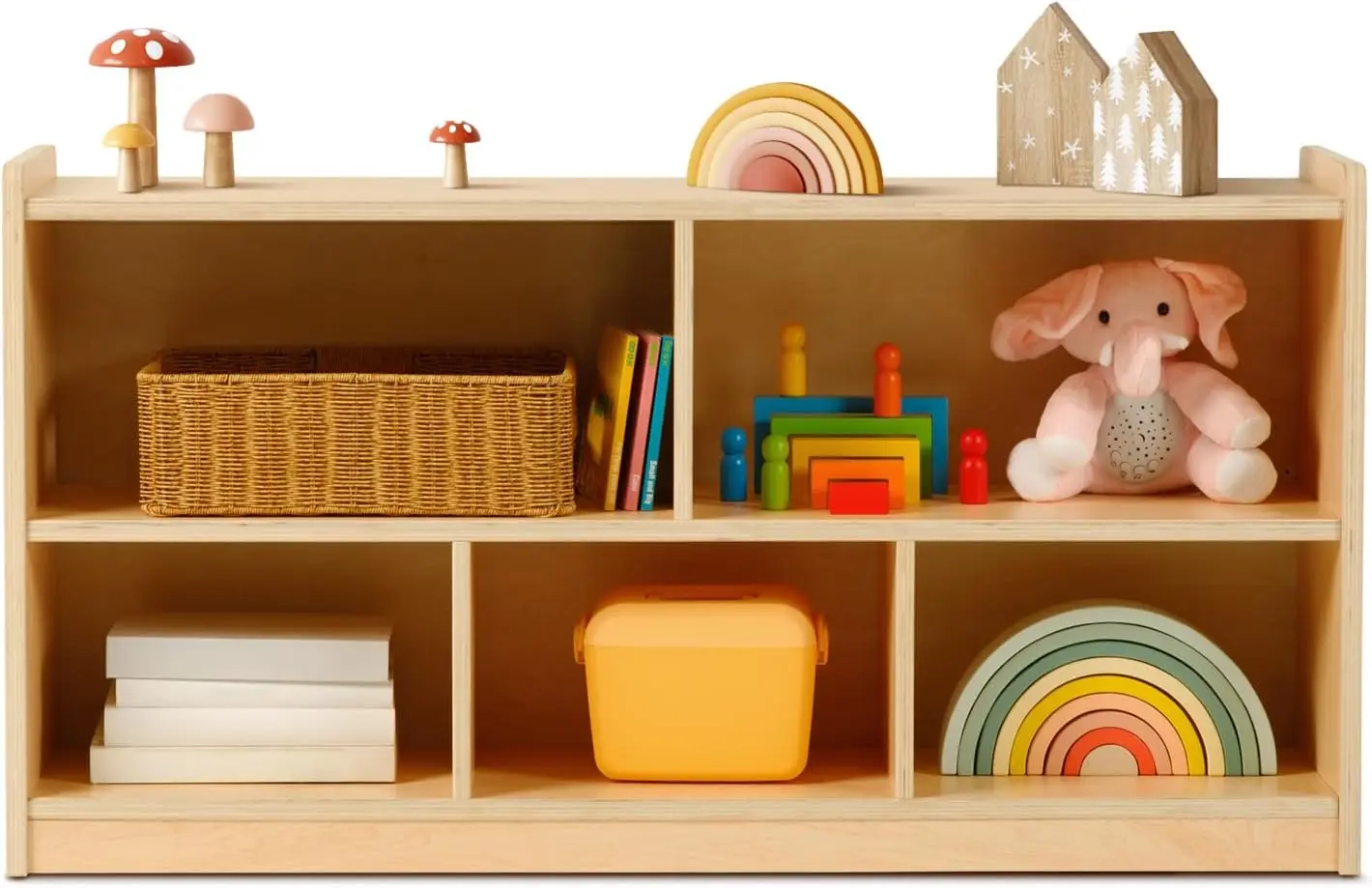 Armoire de rangement en bois à 5 sections, organisateurs de jouets à 2 étagères et rangement, salle d'évaluation des irritations pour enfants, salle de jeux, garderie et meubles