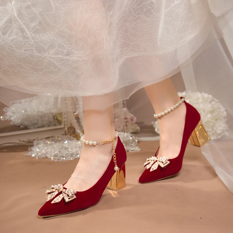 Red Pearl Bowknot Wedding Party Shoes for Women String Bead Thin Heels Pumps Ladies Ankle Strap Pointed Toe High Heels Shoes