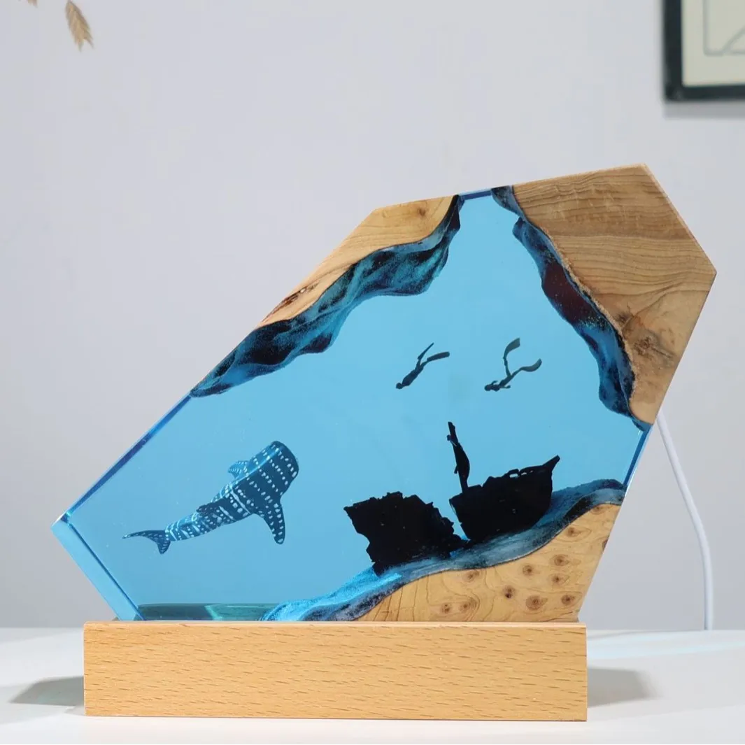 Glow Resin Ocean Cave Night Light with Whale Diver Wood Base Decor