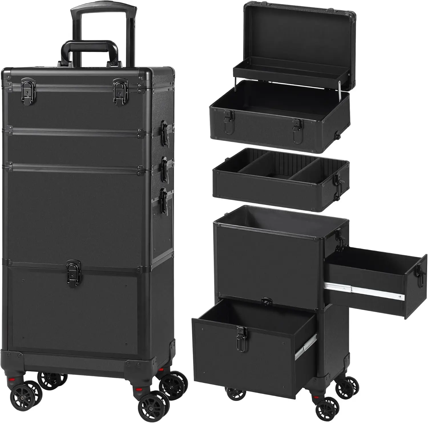 

Makeup Train Case with Drawer, Rolling Cosmetology Case on Wheels, Extra-Large Storage for Salon, Barber, Nail, Tattoo, Black