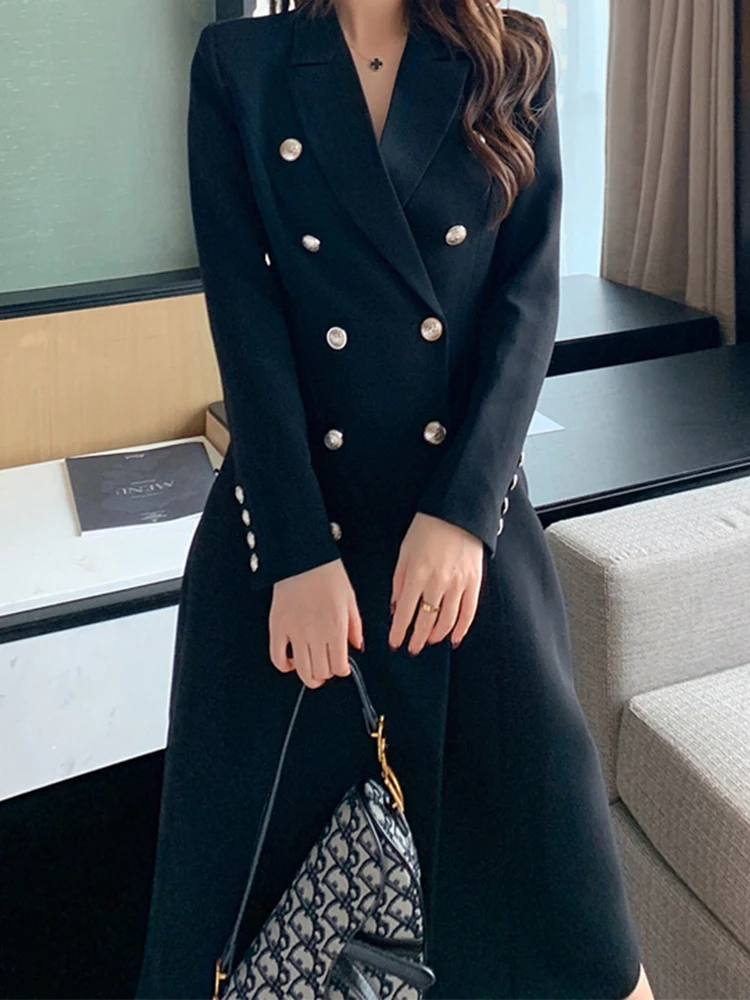 Elegant Office Women Long Jacket Coat Blazer Black Simple Double Breasted Slim Retro Lady Formal Mujer Suit Outwear Windbreaker