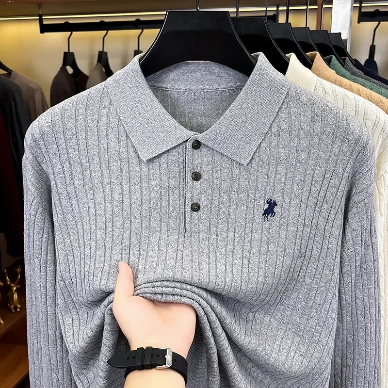 High End Solid Color Fried Dough Twists Sweater Men's Lapel Thickened Thermal Knitwear Autumn and Winter New Bottoming Shirt Men