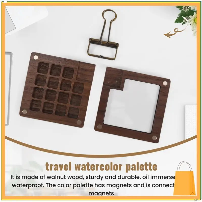 L52A-لوحة ألوان مائية محمولة، لوحة كتب رسم مكونة من 15 لونًا، صندوق لوحة خشبي، لوحة طلاء للسفر (بدون ألوان)