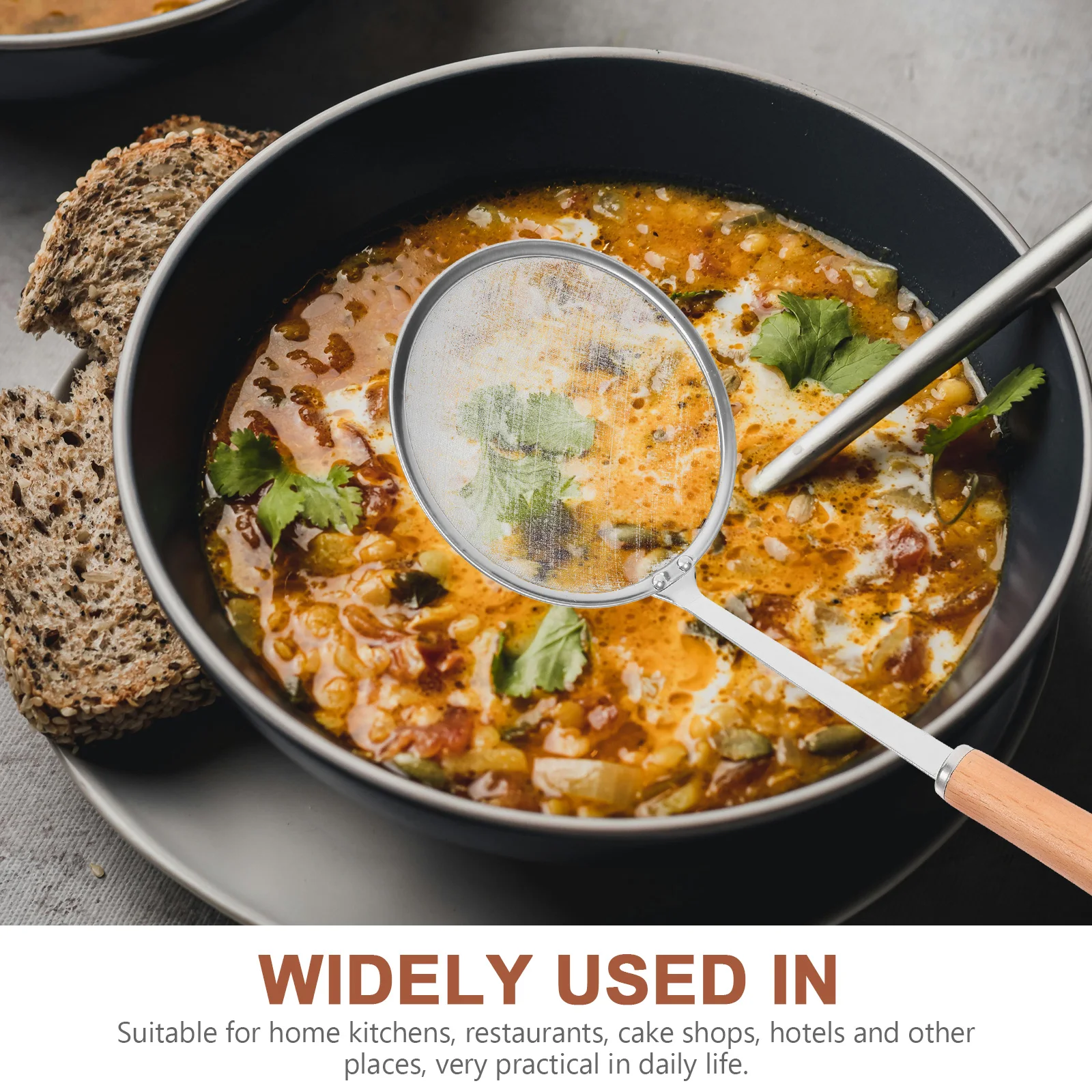 

Multifunctional Fine Mesh Kitchen Oil Strainer Spoon Stainless Steel Wooden Handle Ladle for Cooking Skimmer Pasta