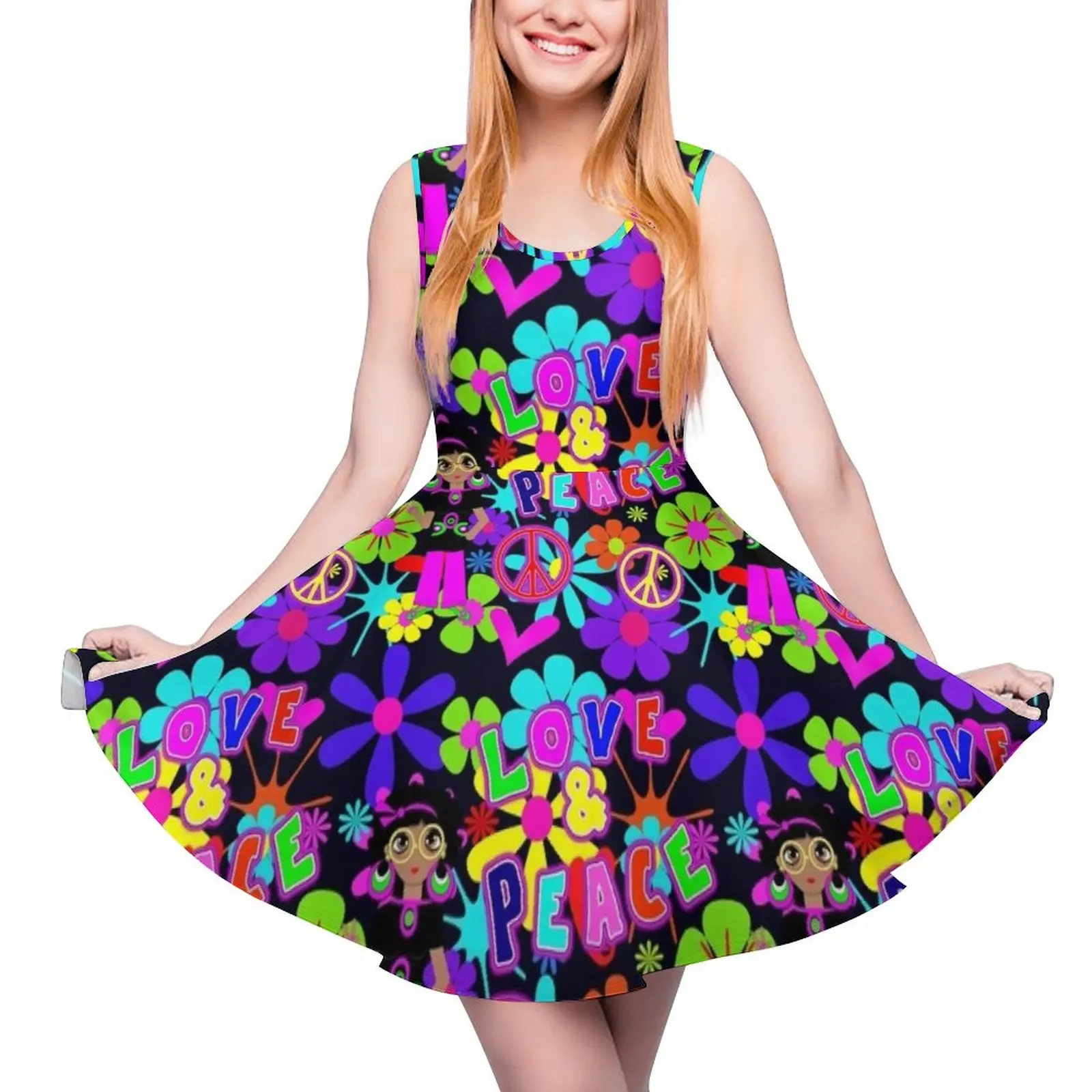 

Groovy Hippie Flower Power Love & Peace Colorful 60"s Retro Pattern Sleeveless Dress ladies dresses for special occasion