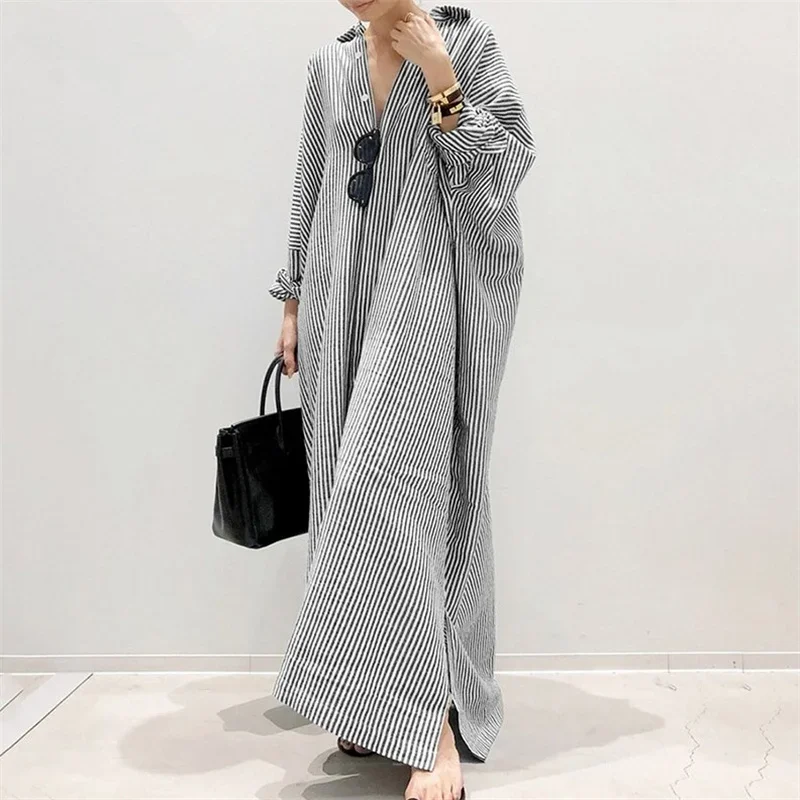 Elegant Office Commuter Stripe Print Dresses Women Lapel Single-breasted Cardigan Loose Dress Female Spring Split Hem Long Gown