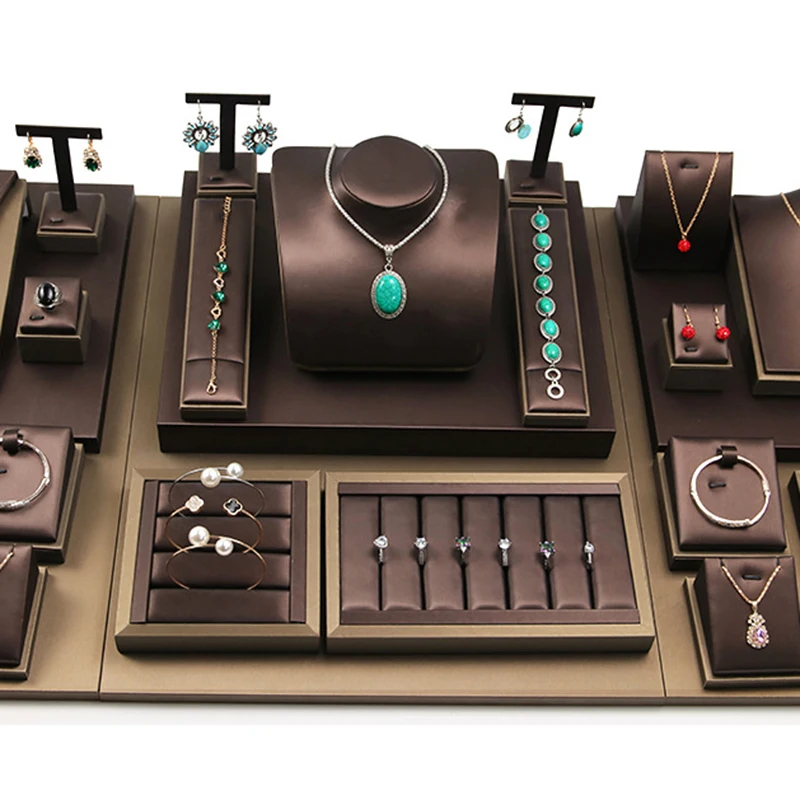 Brown Pu Leather Jewelry Display Stand Ring Earrings Necklace Pendant Bracelet Storage Display Stand