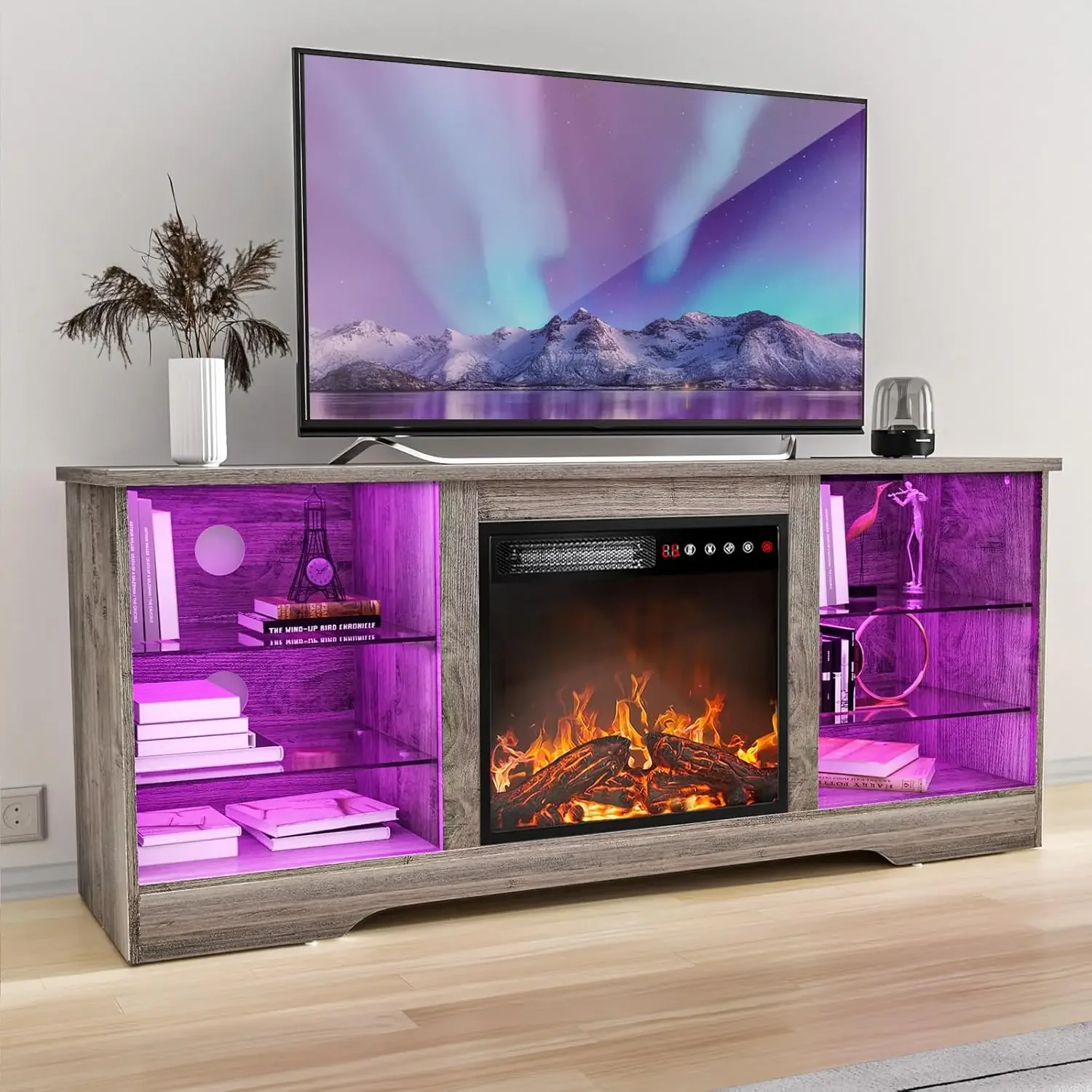 for  TV Stand with 18''Fireplace, Modern Entertainment Center for TVs up to 68 inch, Media TV Console with Glass Shelves