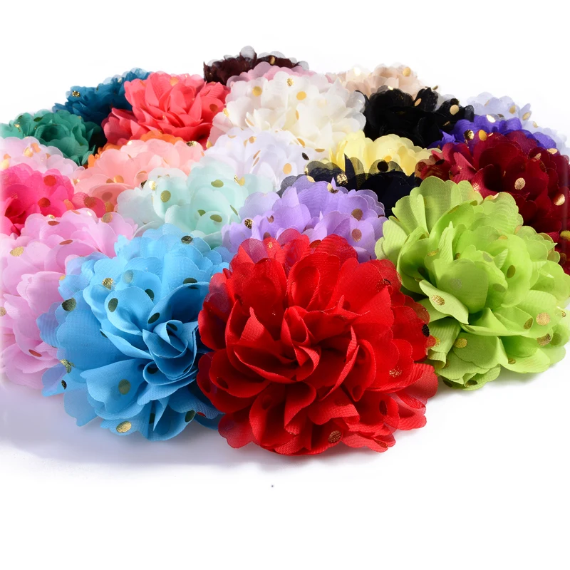 Pinzas para el pelo de flores para niña, horquillas de tela con puntos dorados, accesorios para el cabello, 10cm, 24 colores, 120 Uds.