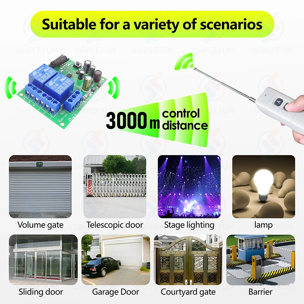 433MHz Universal Wireless Remote Control Switch 110V 220V 2CH Relay Module,3000m Control Range,for Light/Garage Gate/Fan/DIY