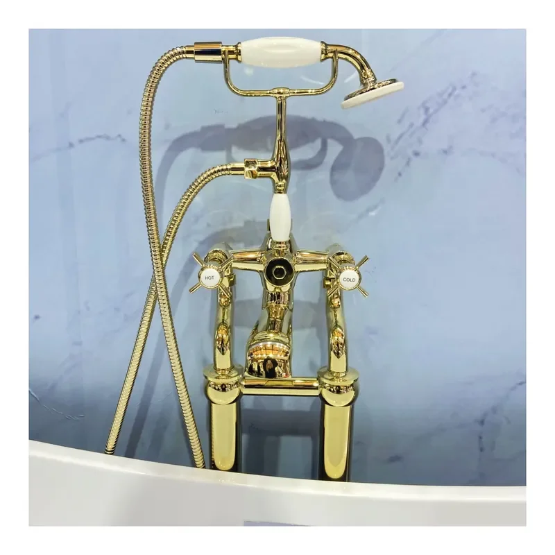 Factory Sell European Style Floor Mounted Brass Bathtub Faucet Bathroom Tub Gold Bathroom Taps and Mixers for Hotel