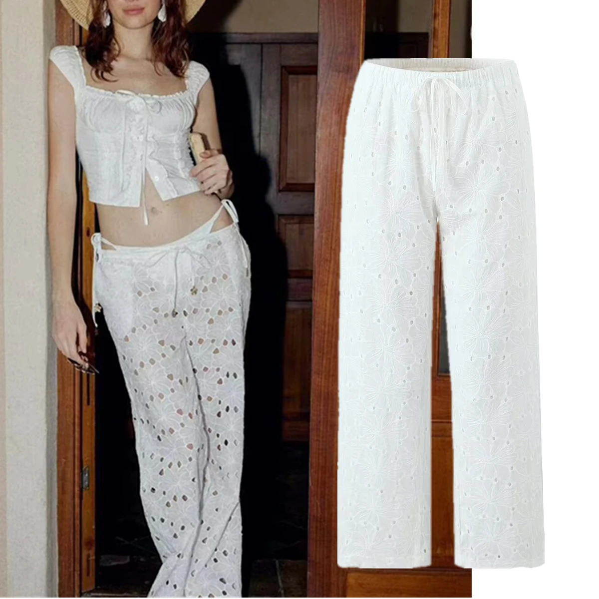 Dave&Di Summer Trousers French Country Embroidery Hollow Cotton Straight Pants High Waist Bohemian Casual Pants Women