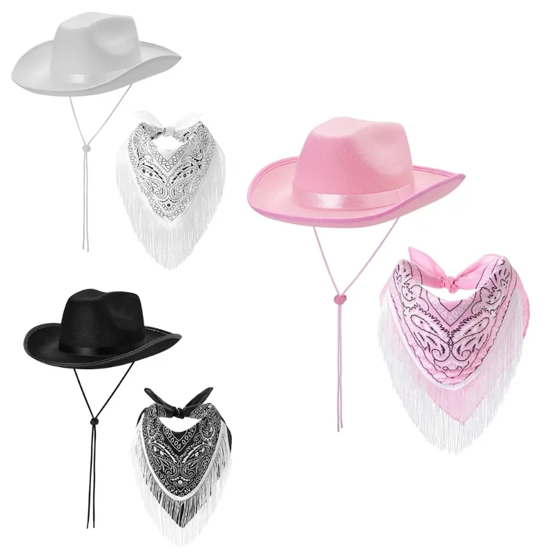 

S1Y1 Fringed Cowboy Hat Bandanas Costume Set for Women Man Music Festival Dress Up Costume Bachelorettes Party Supply 2PCS