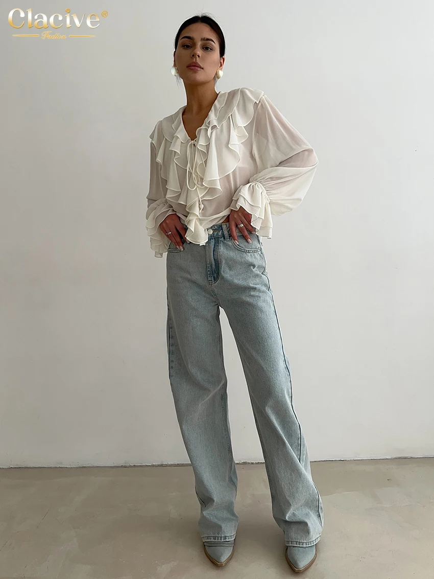Clacive Fashion Loose White Women's Shirt 2025 Sexy V-Neck Long Sleeve Shirts Lady Elegant Classic Ruffle Top Female Clothing