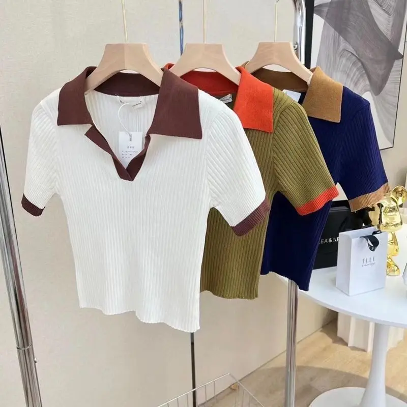 Vintage Knitted T-shirt Women's Polo Shirts Y2k Tops Short Sleeves Slim Korean Fashion Plus Size Luxury Designer Wear