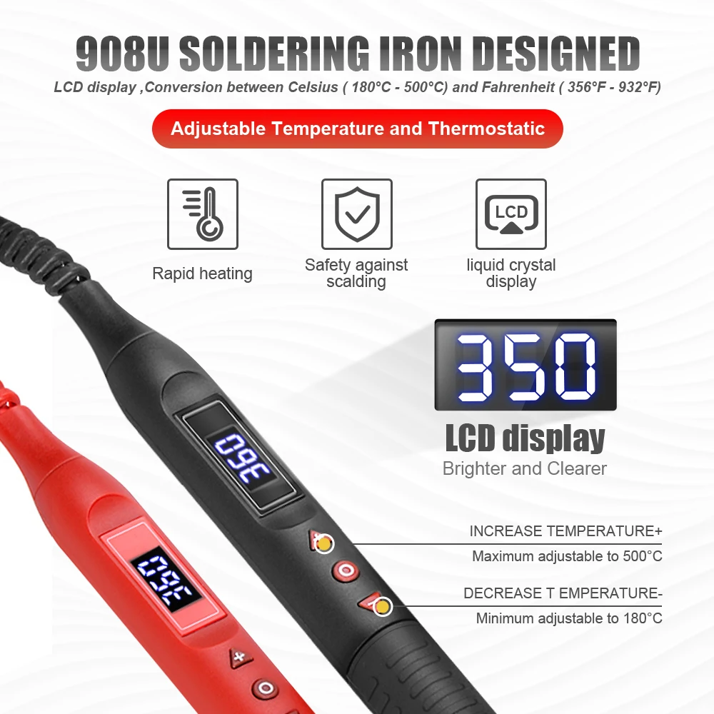 JCD 908UElectric 납땜 인두 조정 가능한 온도 디지털 디스플레이 솔더 주석 철 팁이있는 전자 용접 수리 도구