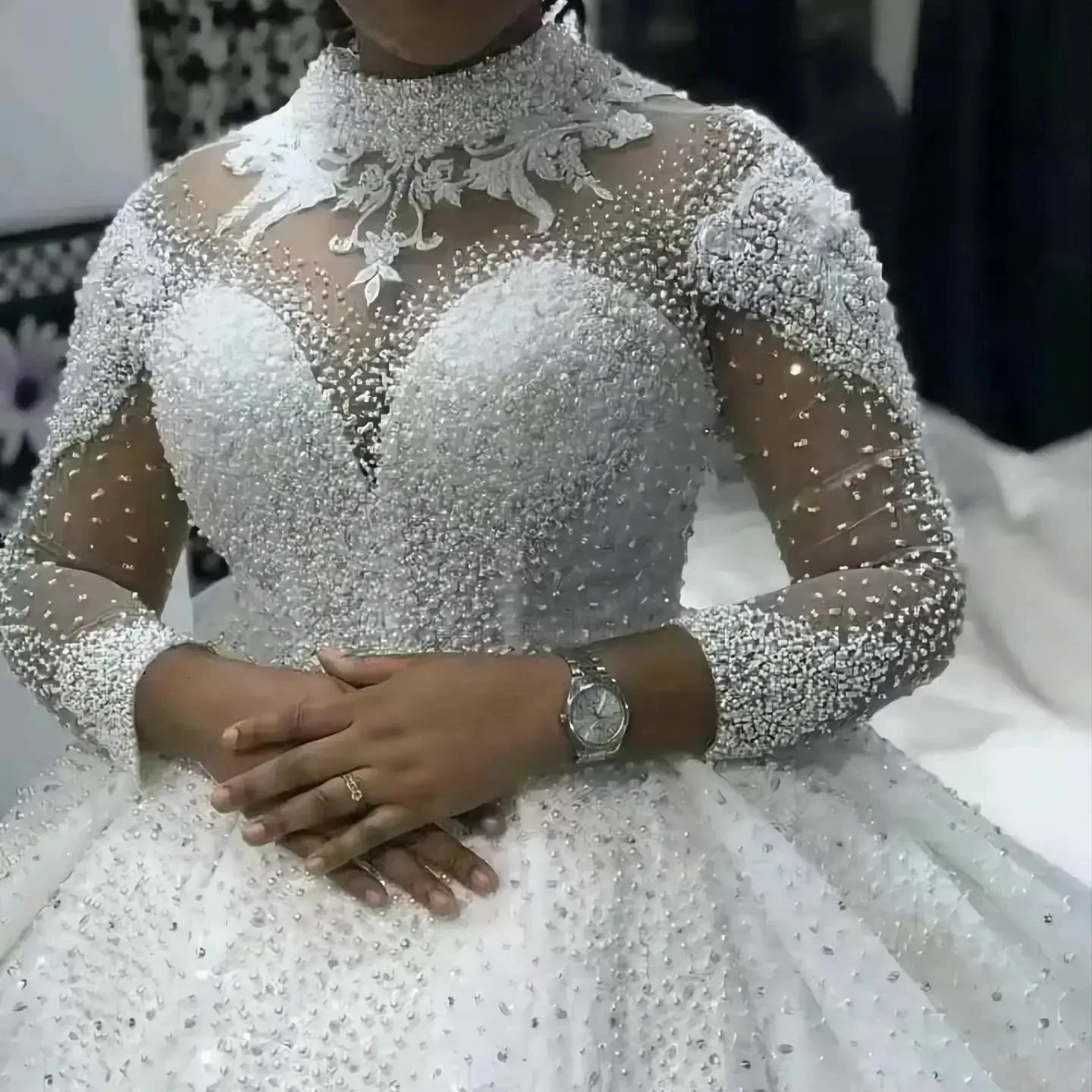 Plus Size South African Wedding Dresses Black Girls Ball Gown Long Sleeves Pearls Bridal Gown Vestido De Noiva Customized