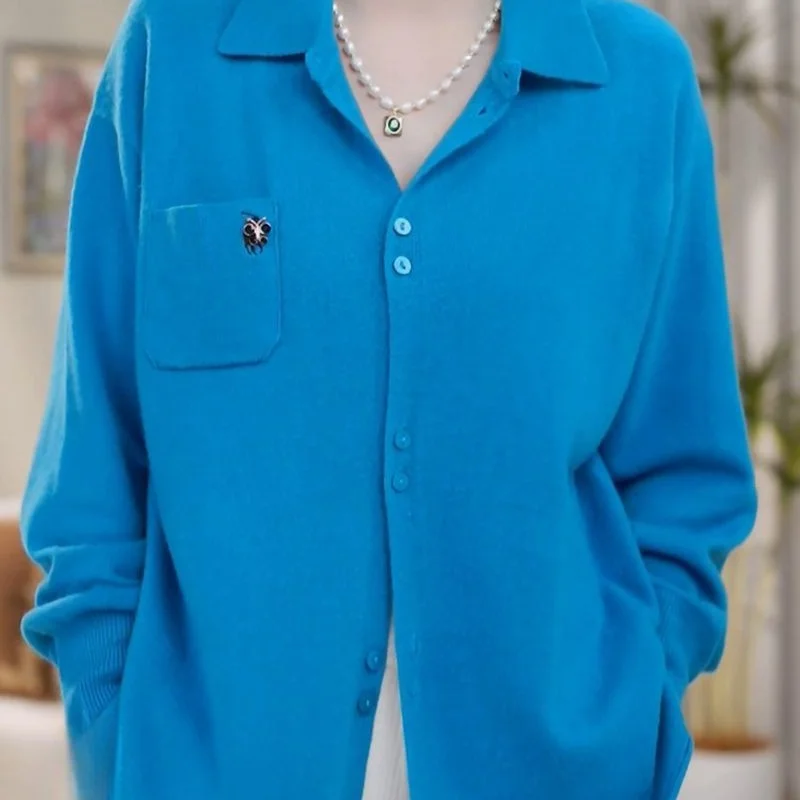 

Korean Fashion Blue Solid Cardigan Women 2025 New Autumn Casual Womens Jacket Single Breasted Long Sleeve Loose Pocket Tops