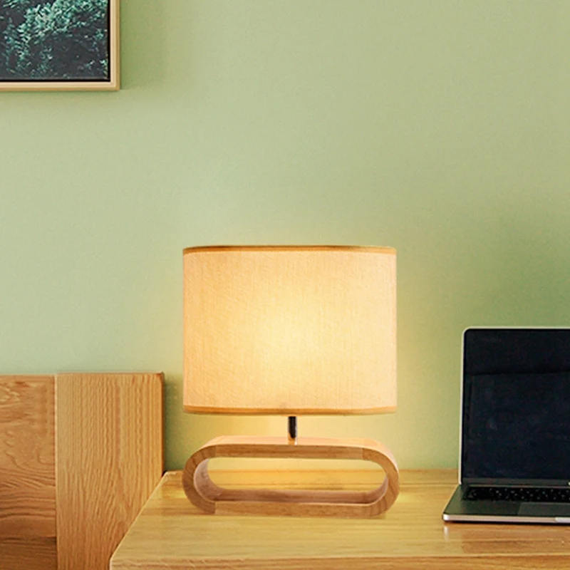 AT64 Nightstand Table Lamp With E27 Warm Light Nordic Wood Base Table Lamp Cloth Lampshade Table Lightsdesk Lamp EU Plug