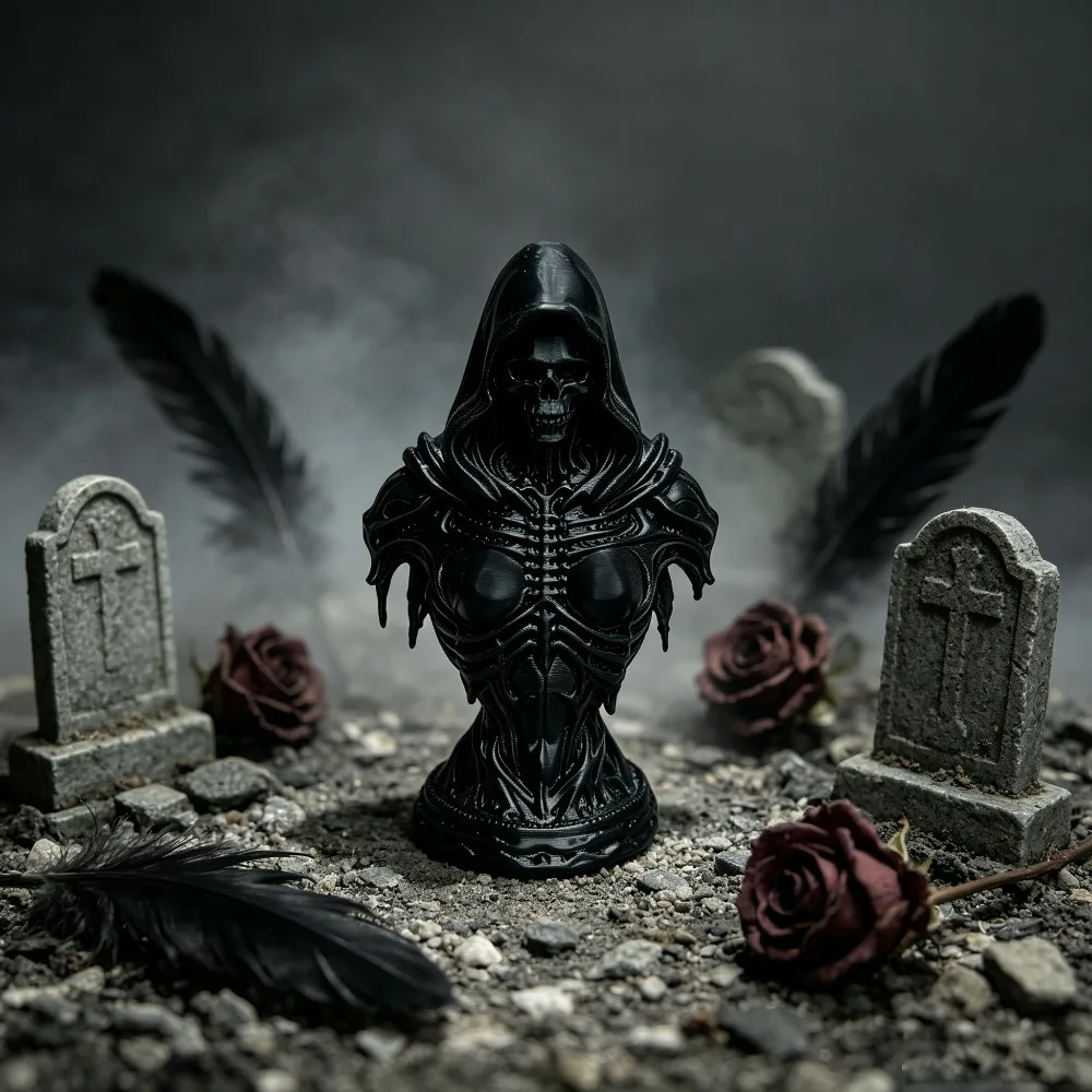 Gothic Melt Female Grim Reaper Bust Statues 3D Printed Skeleton Figurine Halloween Desktop Ornaments Dark Style Home Decor Gifts