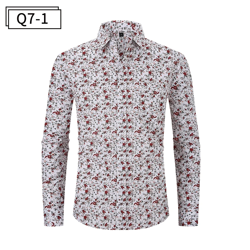 US Size Men\'s Floral Print Shirts Long Sleeve Casual Shirts Flower Printing Polyester Thin Hawaiian Regular Loose Men Shirt