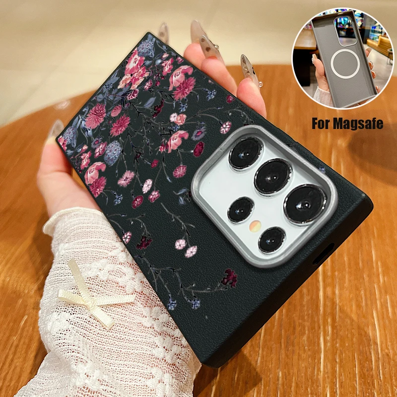 Retro Flowers Print Case For Samsung Galaxy S25 S24 S23 Ultra S22 Plus S21 S24 FE For Magsafe Wireless Charge TPU Leather Cover