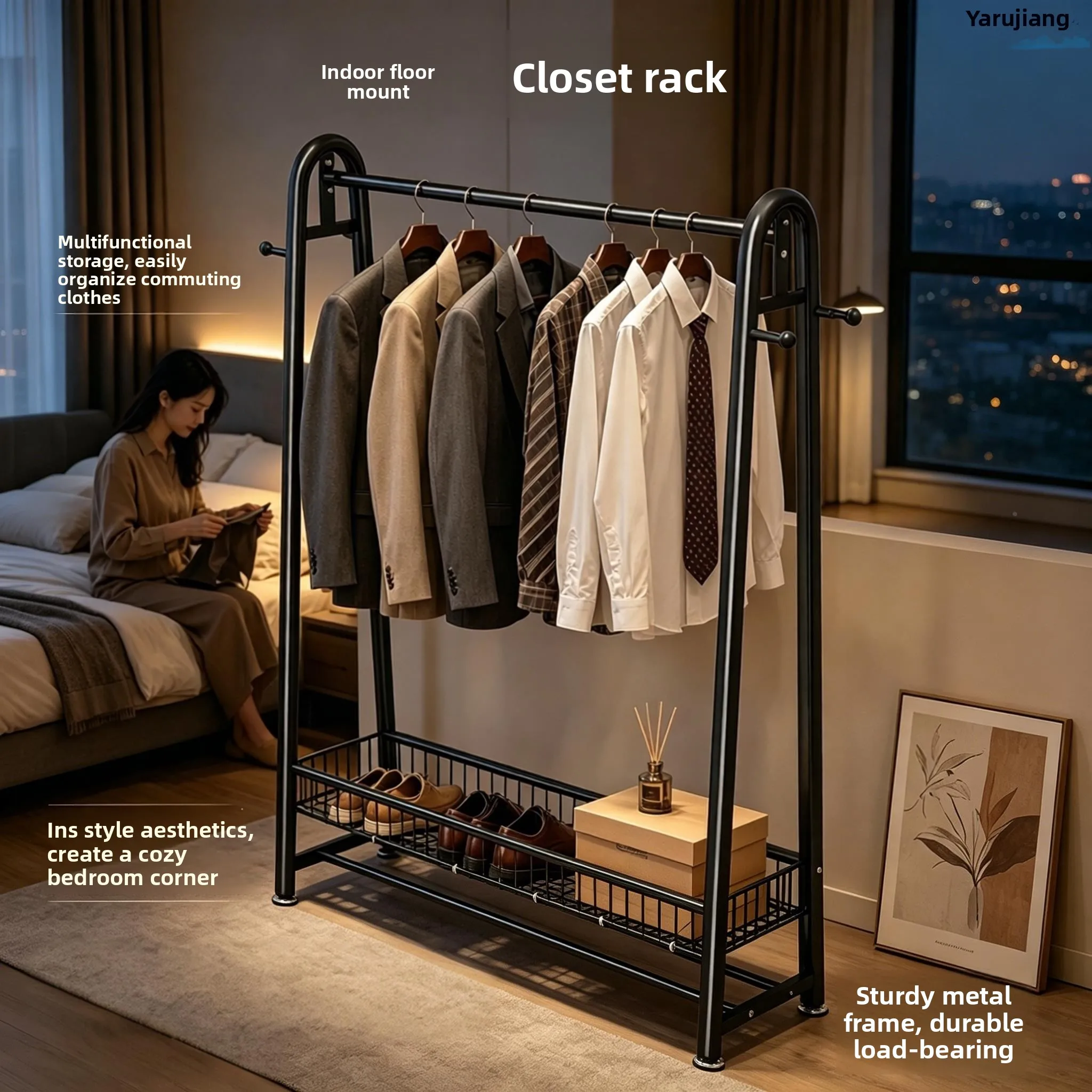 

Portable Indoor Floor-Mounted Clothesline Simple Design Iron Material Double Layer Bedroom Clothes Storage Rack Easy to Move