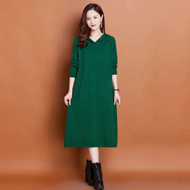 

Hooded Long Sleeve Dress New Knit Woolen Jersey For Women Spring Autumn Pullovers Sweater Casual Middle Aged Mother's Jumper