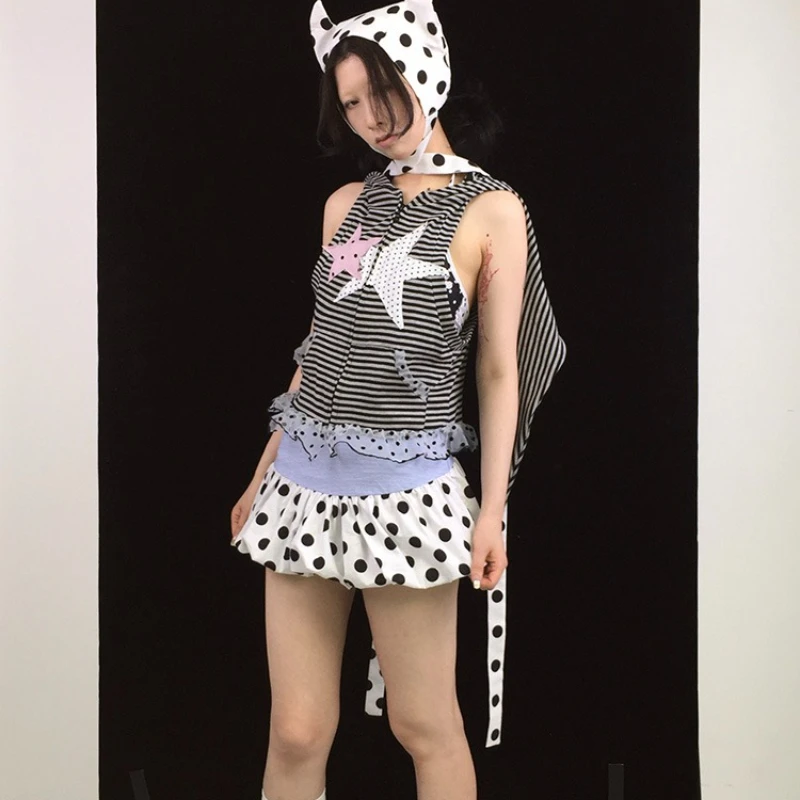 

Original Design Striped Splicing Polka Dot Pentagram Hooded Women's Vest Summer New Sweet Cool Y2K Sexy Sleeveless Coat Ladies