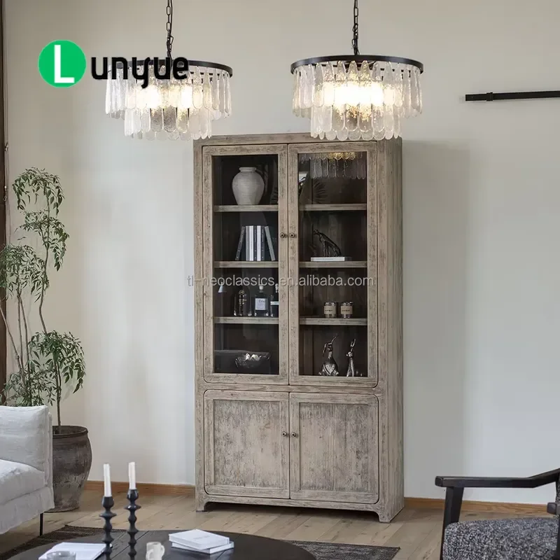Antique Country Style Solid Wood Wine Cabinet Handmade Eco Friendly Glass Display Large Storage Villa Home Furniture