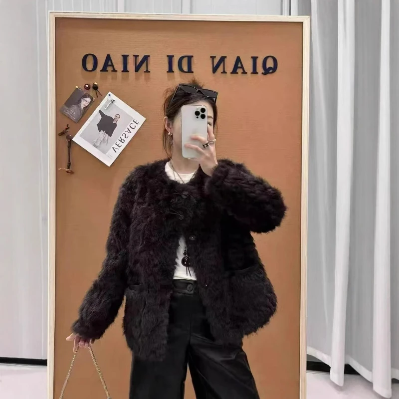 Umweltfreundlicher Pelz-Rundhalsausschnitt, einreihiger Kurzmantel für Damen, 2026, Herbst und Winter, modisch, elegant, floraler Fuchs, Nerz, warme Jacke