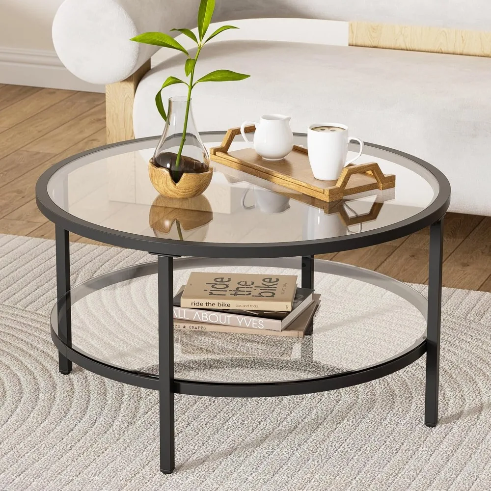 

Black Glass Coffee Table, 29.5 Inch Round Modern Coffee Table, 2-Tier Round Glass Coffee Table for Living Room,29.5" D x 16.5" H