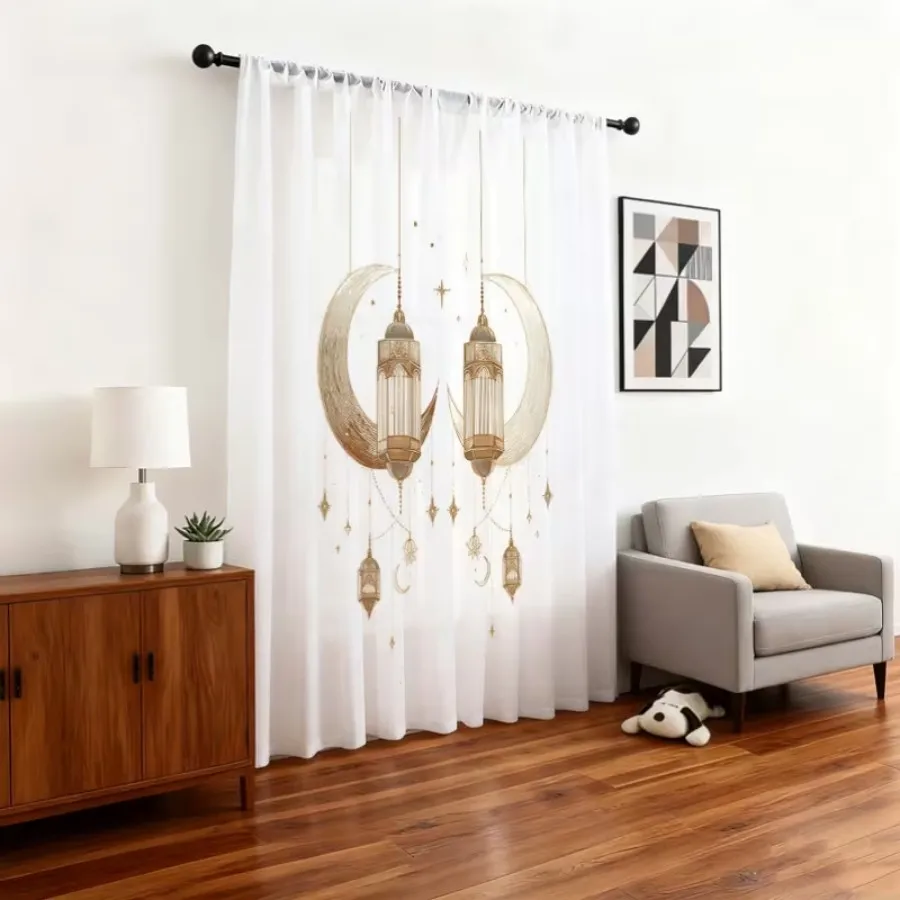 2PCS Digital Print Sheer Curtains, Golden Moon Holding Lamp, Ramadan Luxurious Celestial for Bedroom Living Room Home Decor